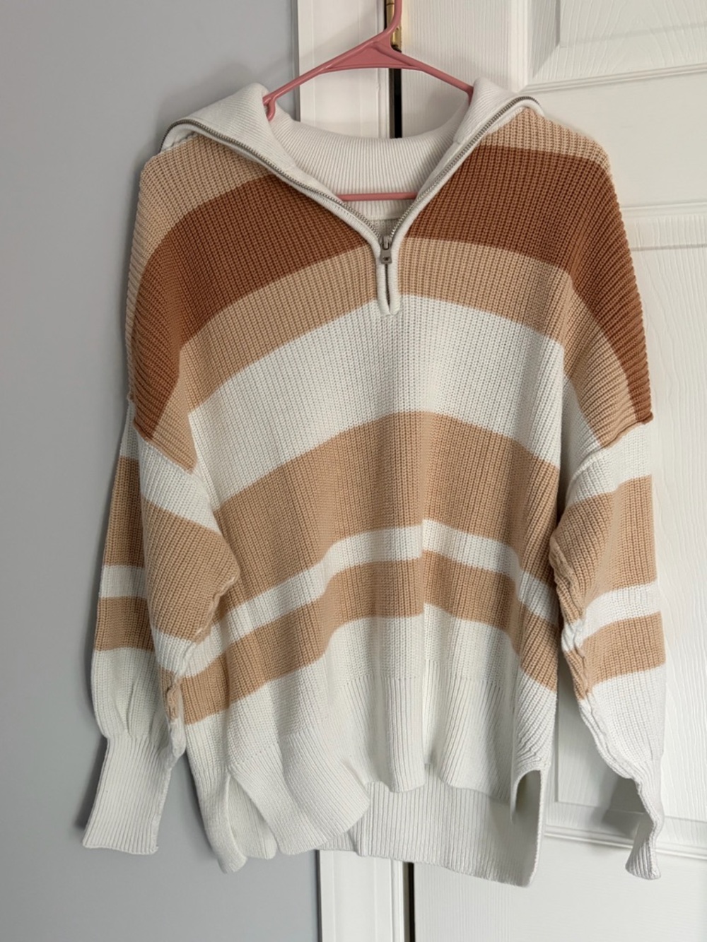 Striped Half-Zip Cowl Sweater in White and Tan
